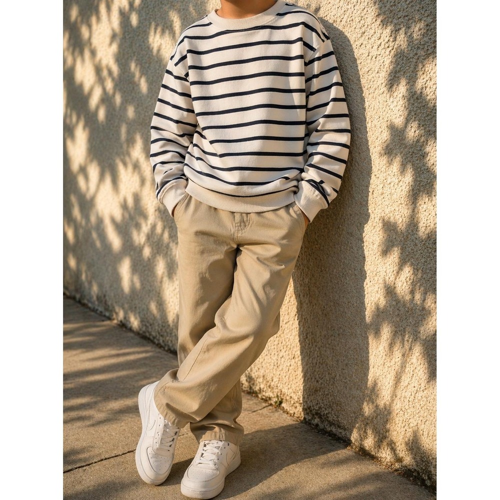 Cat & Jack Boys Striped Crewneck Sweatshirt Cream Black Long Sleeve Size S 6/7